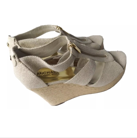 Michael Kors Shoes - Michael Kors Damita Wedge Shoes Size 9.5M Khaki Heels Gold Zip Accent